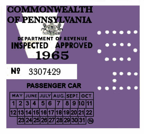 1965 Pennsylvania INSPECTION Sticker - $25.00 : Bob Hoyts Classic ...